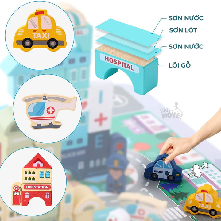 Bộ đồ chơi xếp hình khối gỗ thành phố 3D 120 chi tiết cho bé 3-6 tuổi