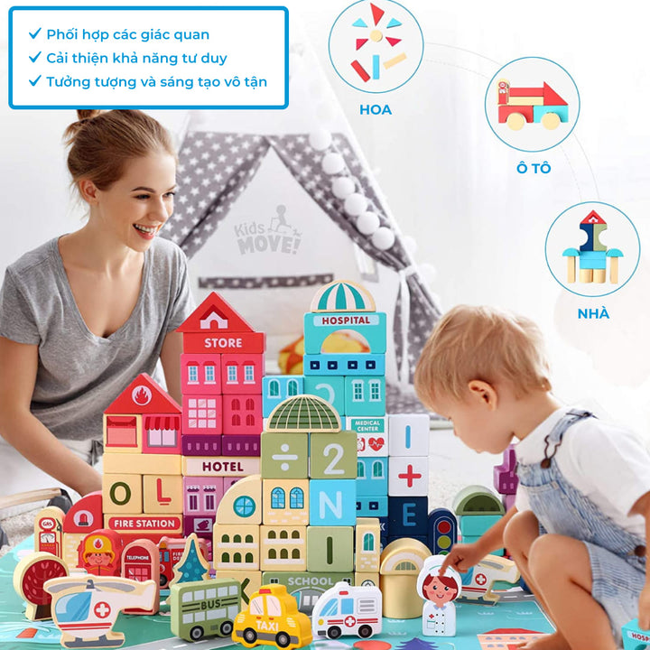 Bộ đồ chơi xếp hình khối gỗ thành phố 3D 120 chi tiết cho bé 3-6 tuổi